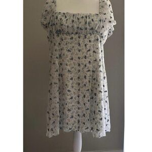 🌸 Free People Blue Floral Puff Sleeve Mini Dress | Cottagecore | Size L